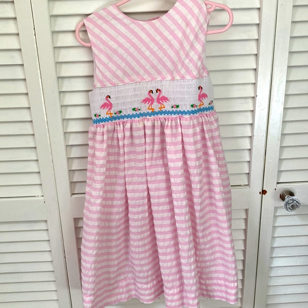 Pink Seersucker dress with flamingos 4y